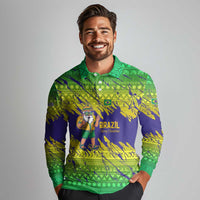 Brazil Christmas Long Sleeve Polo Shirt with Tropical Santa Tribal Pattern National Colors and Merry Christmas Text Design - Wonder Print Shop
