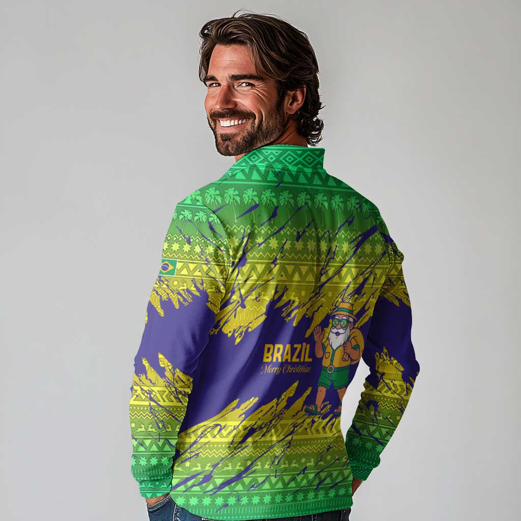 Brazil Christmas Long Sleeve Polo Shirt with Tropical Santa Tribal Pattern National Colors and Merry Christmas Text Design - Wonder Print Shop