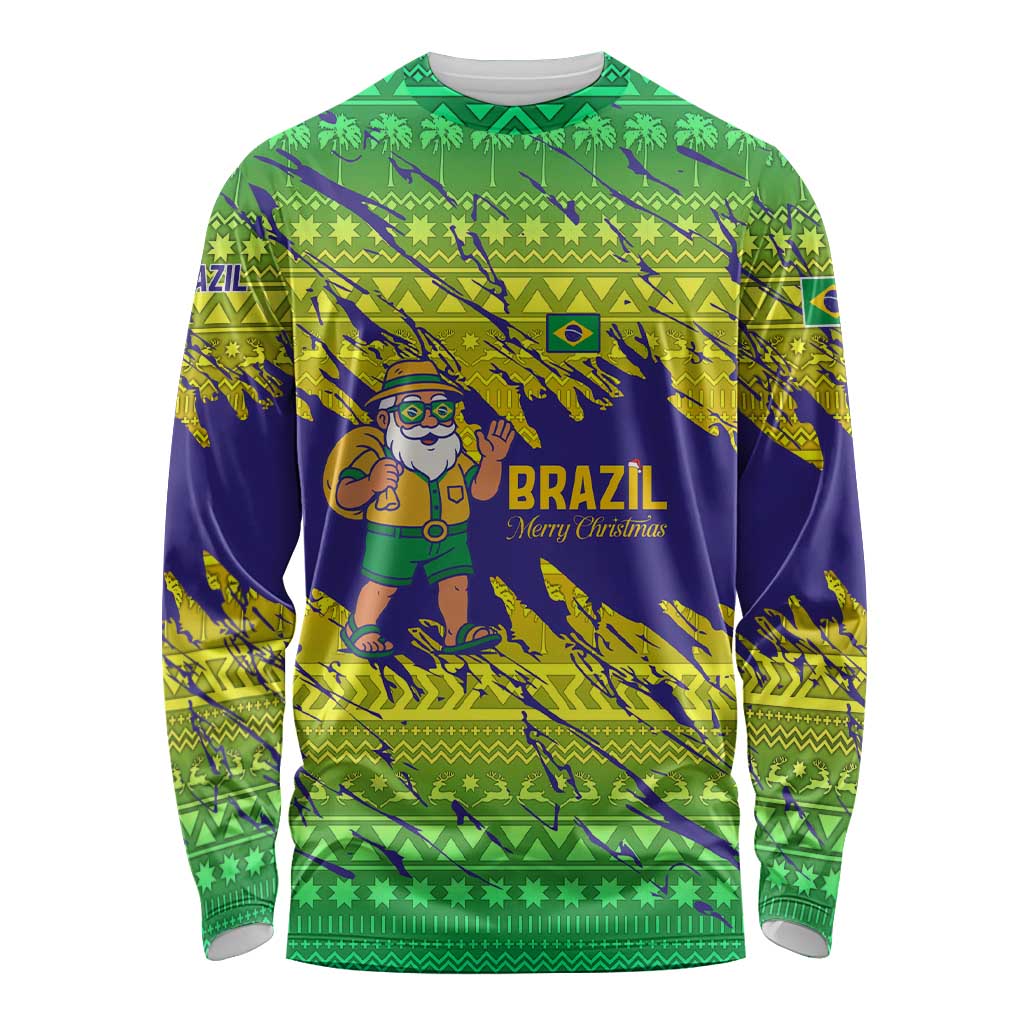 Brazil Christmas Long Sleeve Shirt with Tropical Santa Tribal Pattern National Colors and Merry Christmas Text Design - Wonder Print Shop
