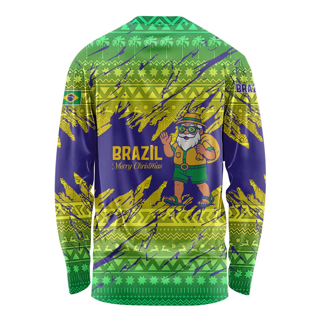 Brazil Christmas Long Sleeve Shirt with Tropical Santa Tribal Pattern National Colors and Merry Christmas Text Design - Wonder Print Shop