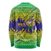 Brazil Christmas Long Sleeve Shirt with Tropical Santa Tribal Pattern National Colors and Merry Christmas Text Design - Wonder Print Shop