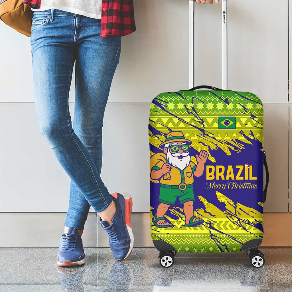 Brazil Christmas Luggage Cover with Tropical Santa Tribal Pattern National Colors and Merry Christmas Text Design - Wonder Print Shop