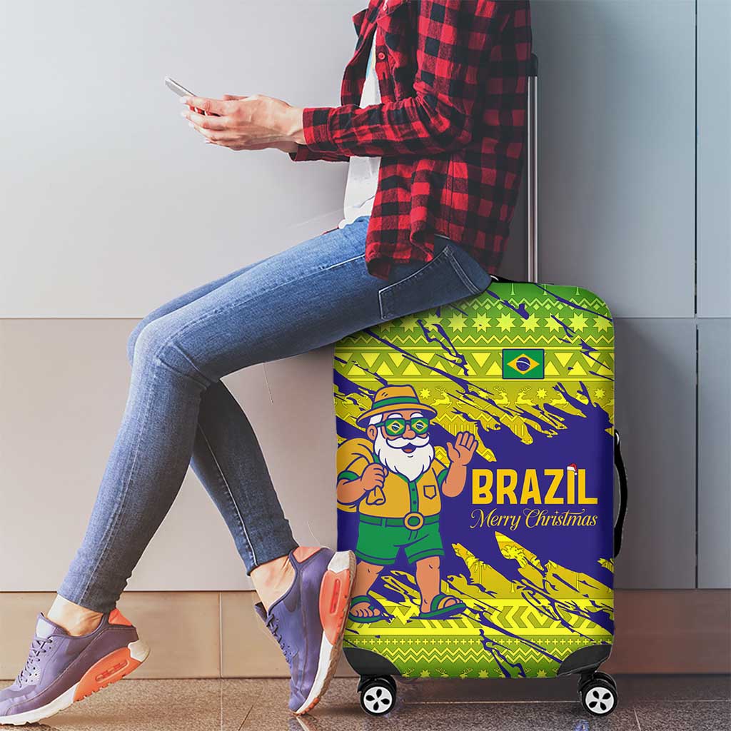 Brazil Christmas Luggage Cover with Tropical Santa Tribal Pattern National Colors and Merry Christmas Text Design - Wonder Print Shop