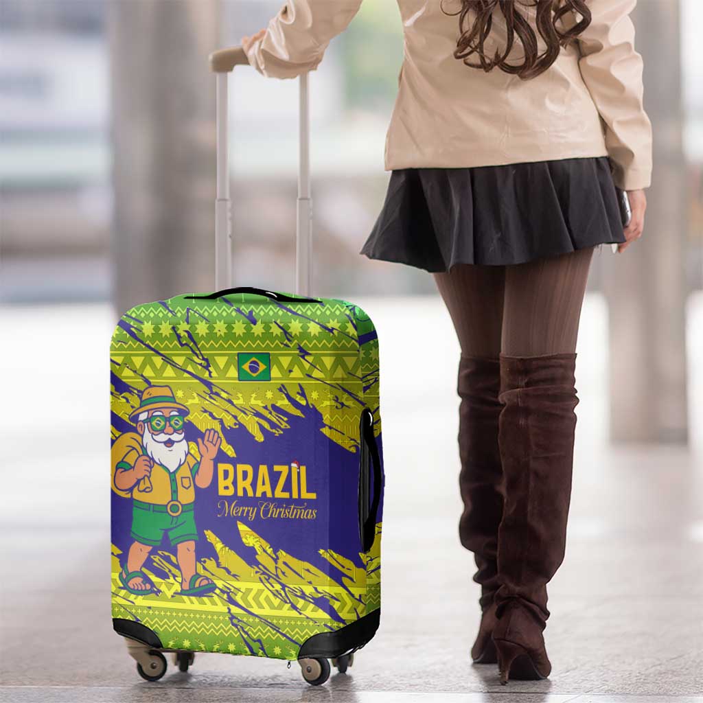 Brazil Christmas Luggage Cover with Tropical Santa Tribal Pattern National Colors and Merry Christmas Text Design - Wonder Print Shop