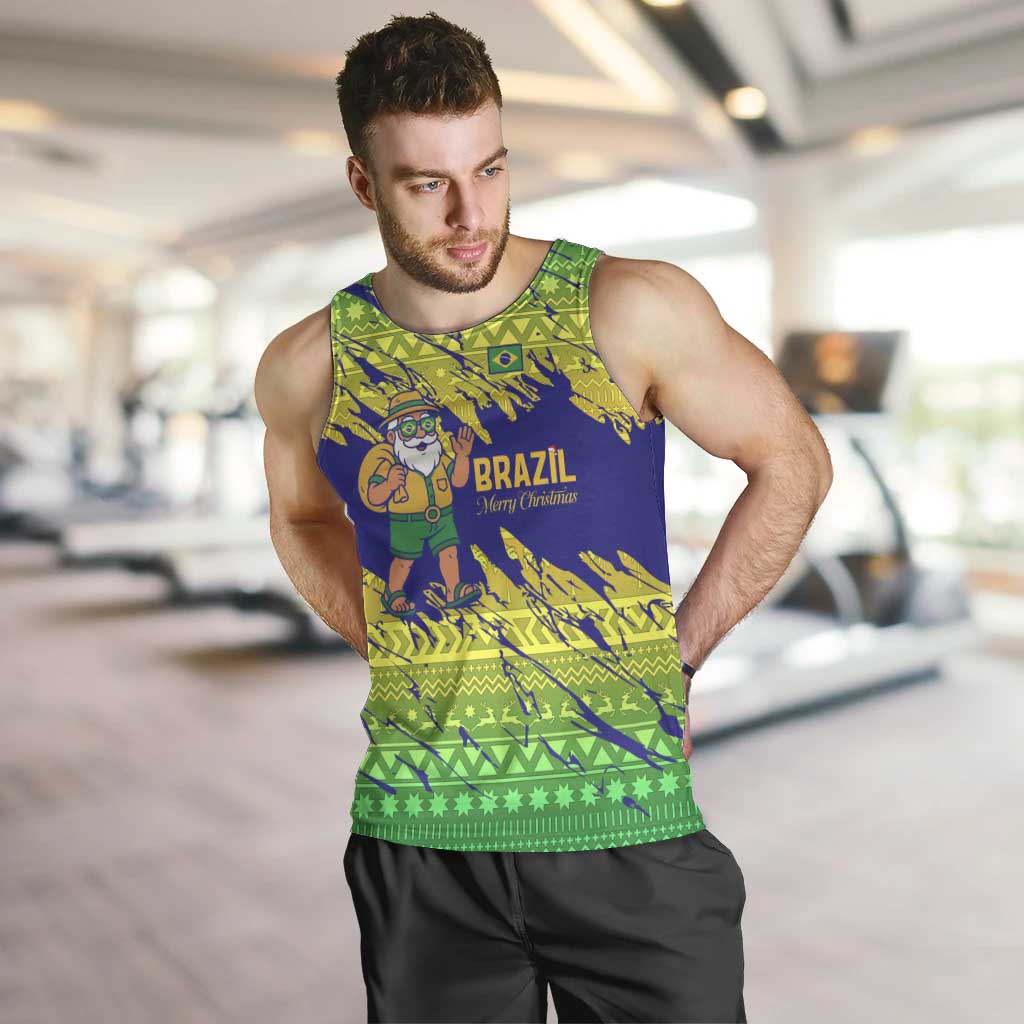 Brazil Christmas Men Tank Top with Tropical Santa Tribal Pattern National Colors and Merry Christmas Text Design - Wonder Print Shop