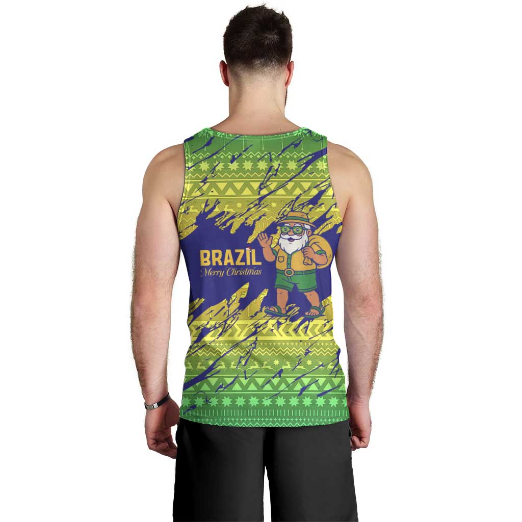 Brazil Christmas Men Tank Top with Tropical Santa Tribal Pattern National Colors and Merry Christmas Text Design - Wonder Print Shop