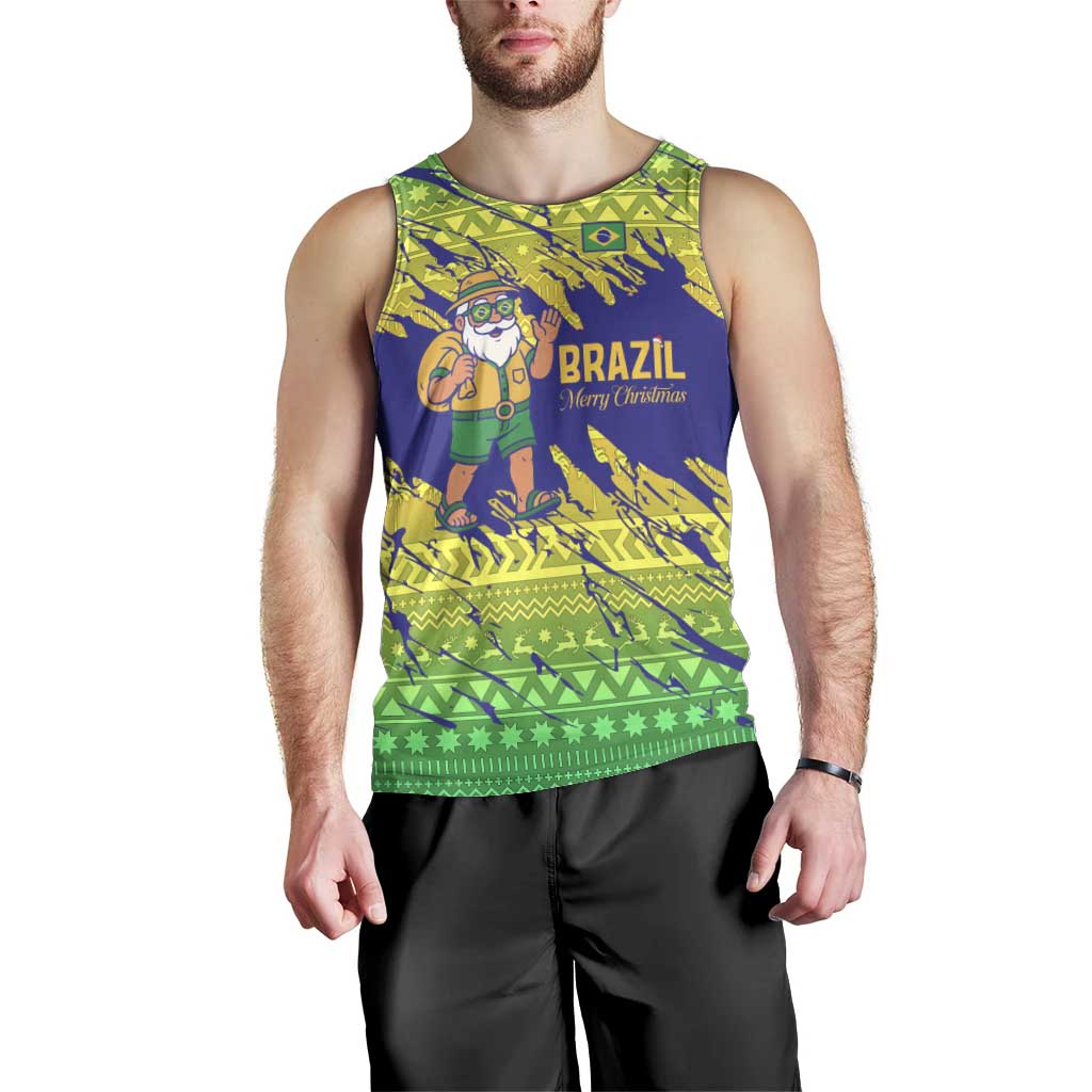 Brazil Christmas Men Tank Top with Tropical Santa Tribal Pattern National Colors and Merry Christmas Text Design - Wonder Print Shop