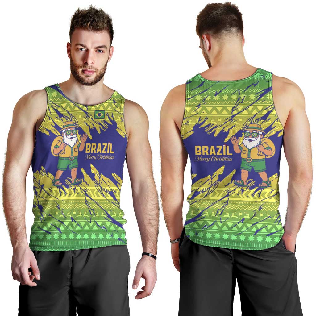 Brazil Christmas Men Tank Top with Tropical Santa Tribal Pattern National Colors and Merry Christmas Text Design - Wonder Print Shop