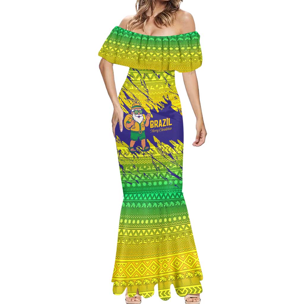 Brazil Christmas Mermaid Dress with Tropical Santa Tribal Pattern National Colors and Merry Christmas Text Design - Wonder Print Shop