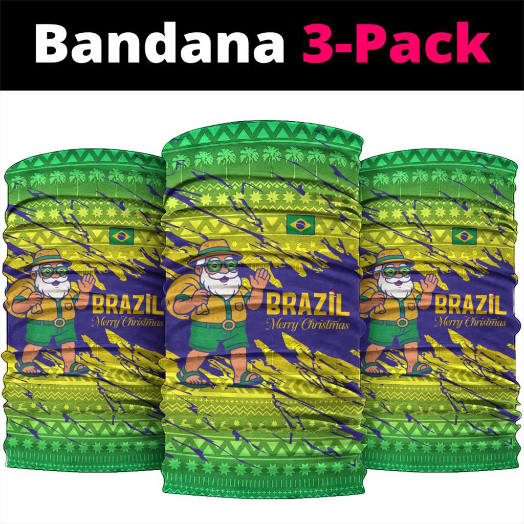 Brazil Christmas Neck Gaiter with Tropical Santa Tribal Pattern National Colors and Merry Christmas Text Design - Wonder Print Shop