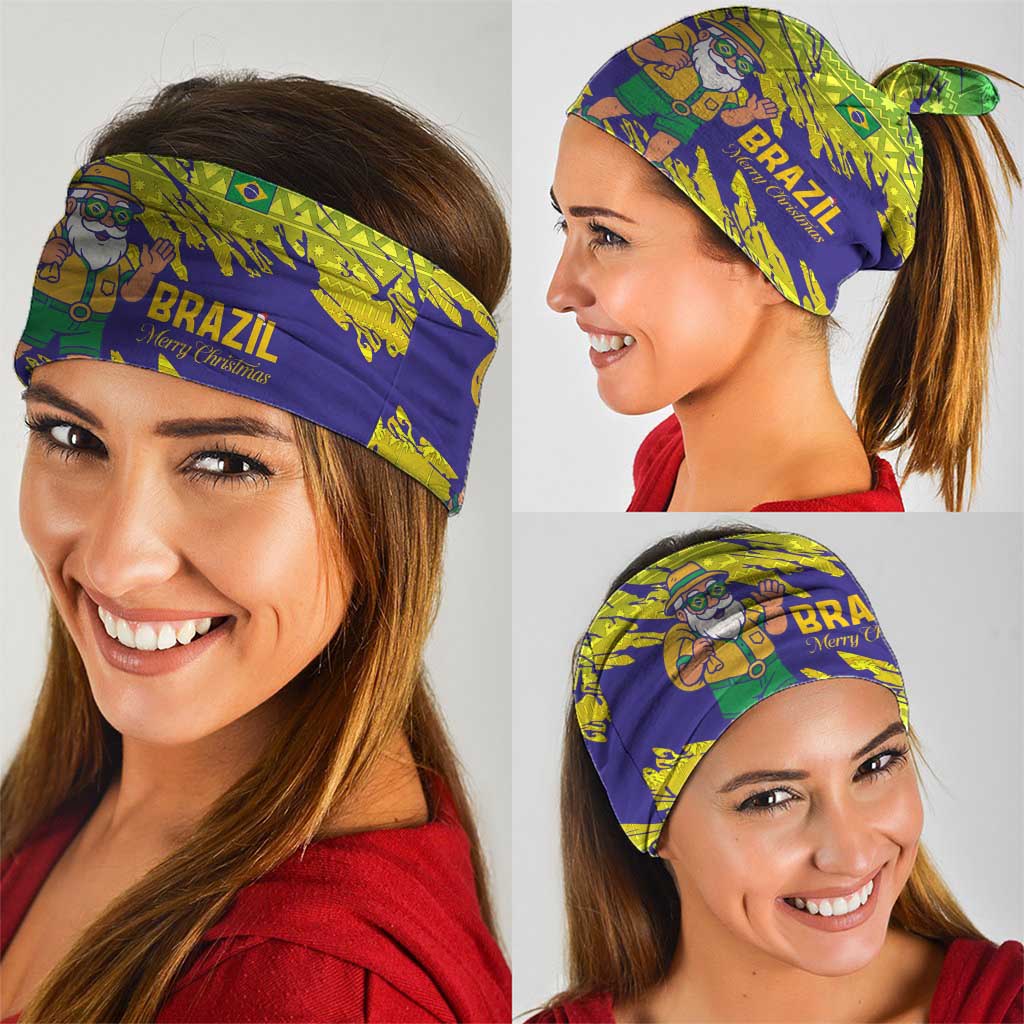 Brazil Christmas Neck Gaiter with Tropical Santa Tribal Pattern National Colors and Merry Christmas Text Design - Wonder Print Shop