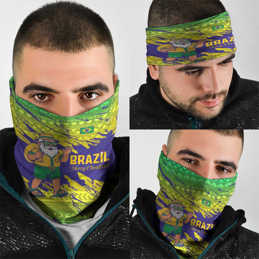 Brazil Christmas Neck Gaiter with Tropical Santa Tribal Pattern National Colors and Merry Christmas Text Design - Wonder Print Shop