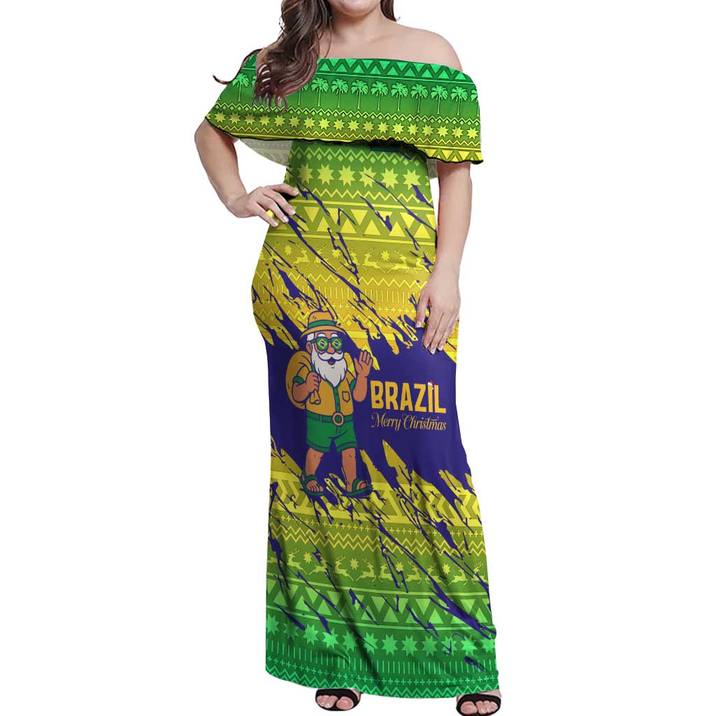 Brazil Christmas Off Shoulder Maxi Dress with Tropical Santa Tribal Pattern National Colors and Merry Christmas Text Design - Wonder Print Shop