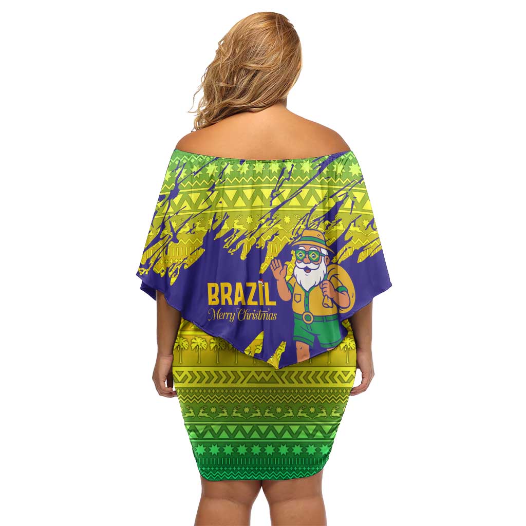 Brazil Christmas Off Shoulder Short Dress with Tropical Santa Tribal Pattern National Colors and Merry Christmas Text Design - Wonder Print Shop