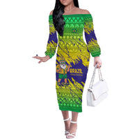 Brazil Christmas Off The Shoulder Long Sleeve Dress with Tropical Santa Tribal Pattern National Colors and Merry Christmas Text Design - Wonder Print Shop