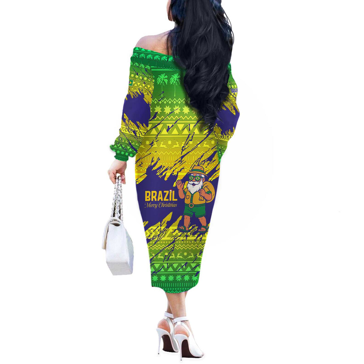 Brazil Christmas Off The Shoulder Long Sleeve Dress with Tropical Santa Tribal Pattern National Colors and Merry Christmas Text Design - Wonder Print Shop