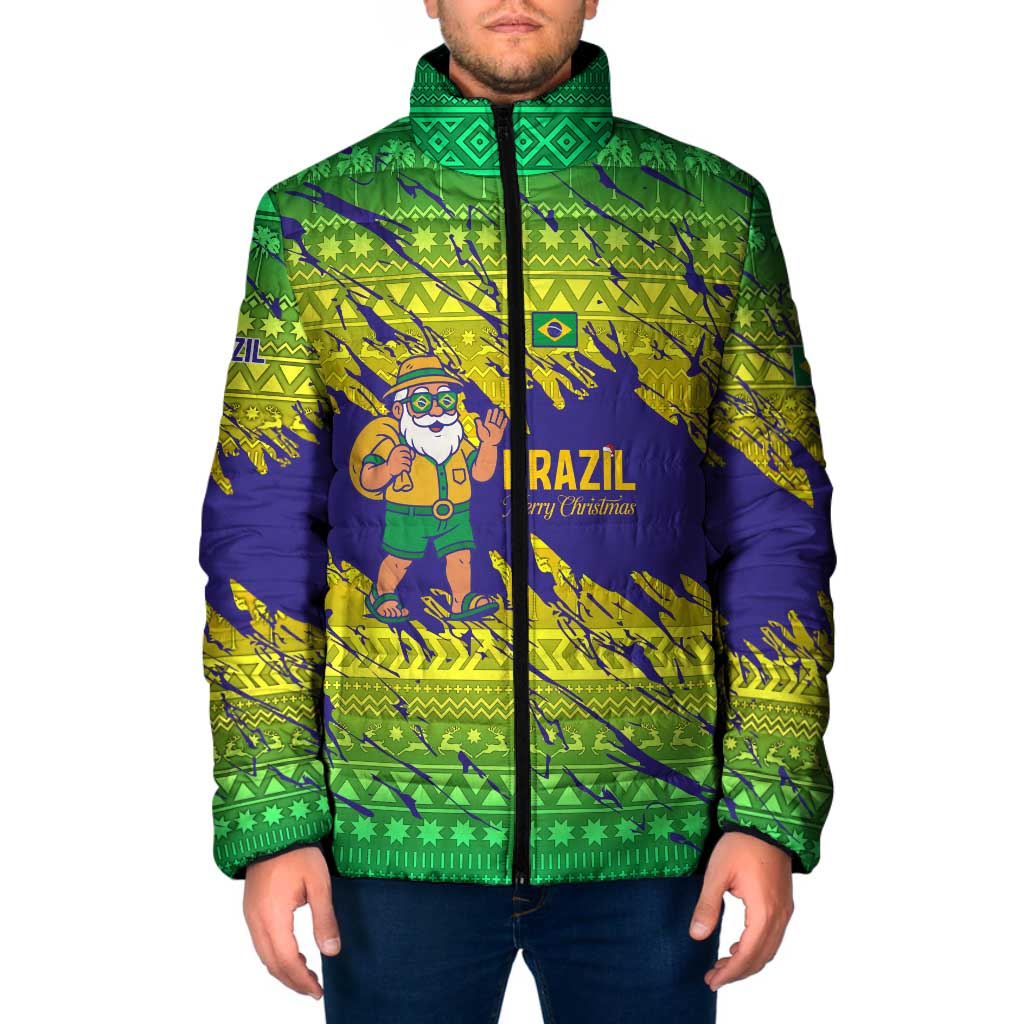 Brazil Christmas Padded Jacket with Tropical Santa Tribal Pattern National Colors and Merry Christmas Text Design - Wonder Print Shop