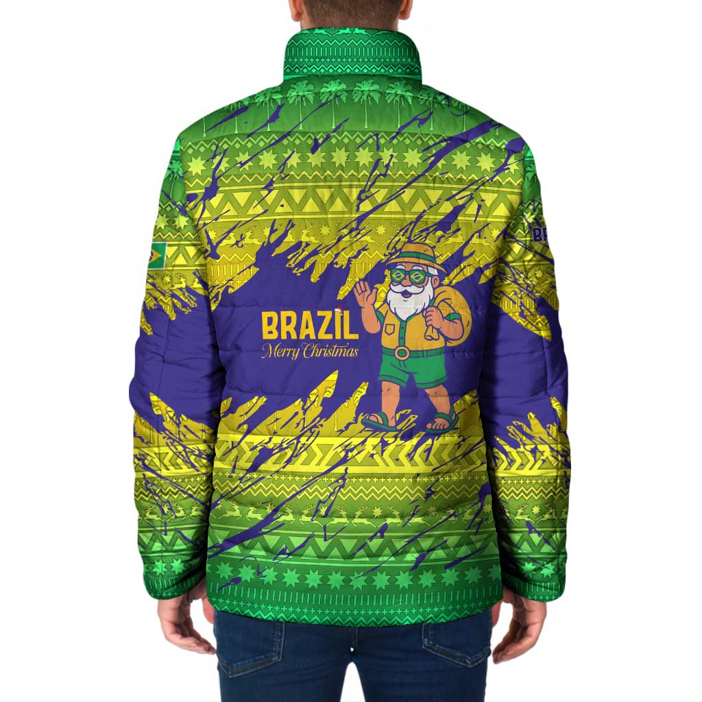 Brazil Christmas Padded Jacket with Tropical Santa Tribal Pattern National Colors and Merry Christmas Text Design - Wonder Print Shop