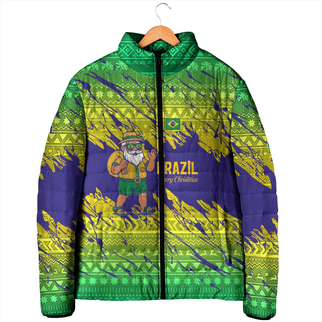 Brazil Christmas Padded Jacket with Tropical Santa Tribal Pattern National Colors and Merry Christmas Text Design - Wonder Print Shop