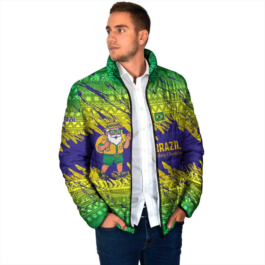 Brazil Christmas Padded Jacket with Tropical Santa Tribal Pattern National Colors and Merry Christmas Text Design - Wonder Print Shop