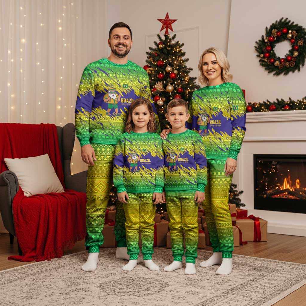 Brazil Christmas Pajama Set with Tropical Santa Tribal Pattern National Colors and Merry Christmas Text Design - Wonder Print Shop