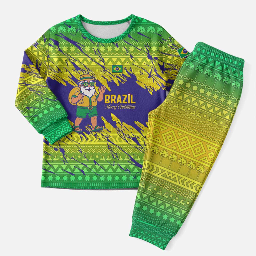 Brazil Christmas Pajama Set with Tropical Santa Tribal Pattern National Colors and Merry Christmas Text Design - Wonder Print Shop