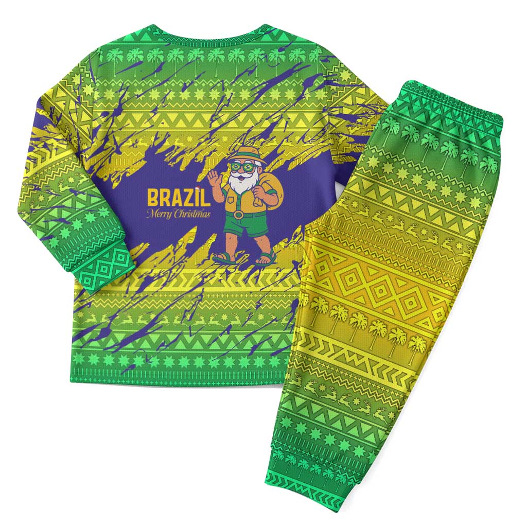 Brazil Christmas Pajama Set with Tropical Santa Tribal Pattern National Colors and Merry Christmas Text Design - Wonder Print Shop