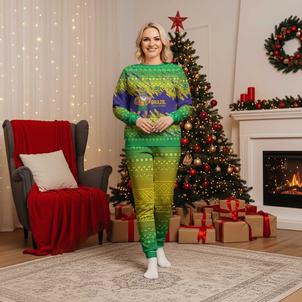 Brazil Christmas Pajama Set with Tropical Santa Tribal Pattern National Colors and Merry Christmas Text Design - Wonder Print Shop