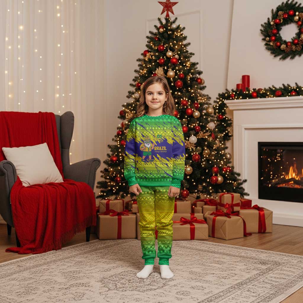 Brazil Christmas Pajama Set with Tropical Santa Tribal Pattern National Colors and Merry Christmas Text Design - Wonder Print Shop