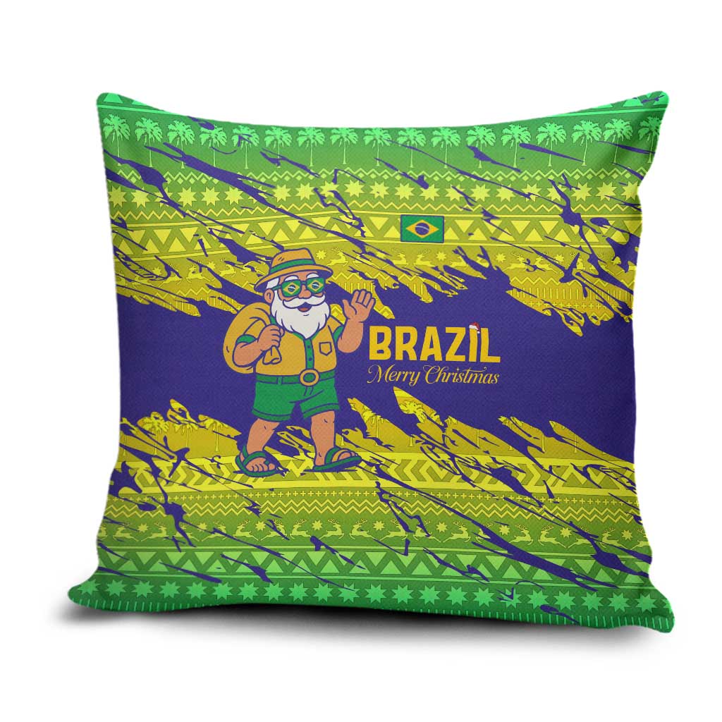 Brazil Christmas Pillow Cover with Tropical Santa Tribal Pattern National Colors and Merry Christmas Text Design - Wonder Print Shop
