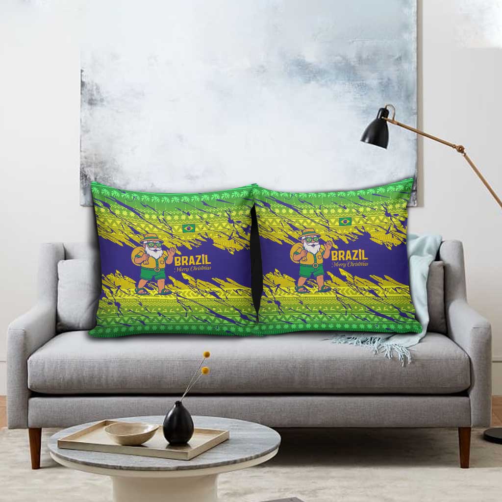 Brazil Christmas Pillow Cover with Tropical Santa Tribal Pattern National Colors and Merry Christmas Text Design - Wonder Print Shop