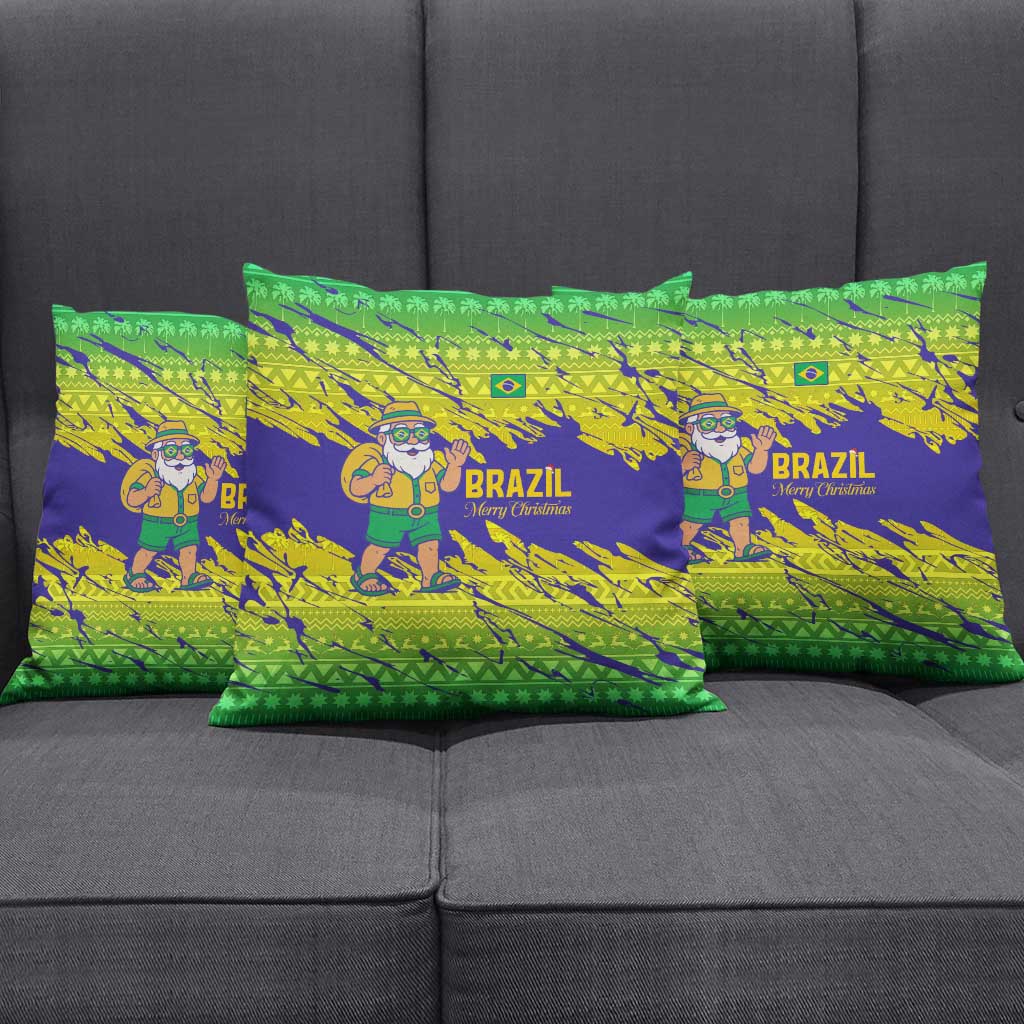 Brazil Christmas Pillow Cover with Tropical Santa Tribal Pattern National Colors and Merry Christmas Text Design - Wonder Print Shop