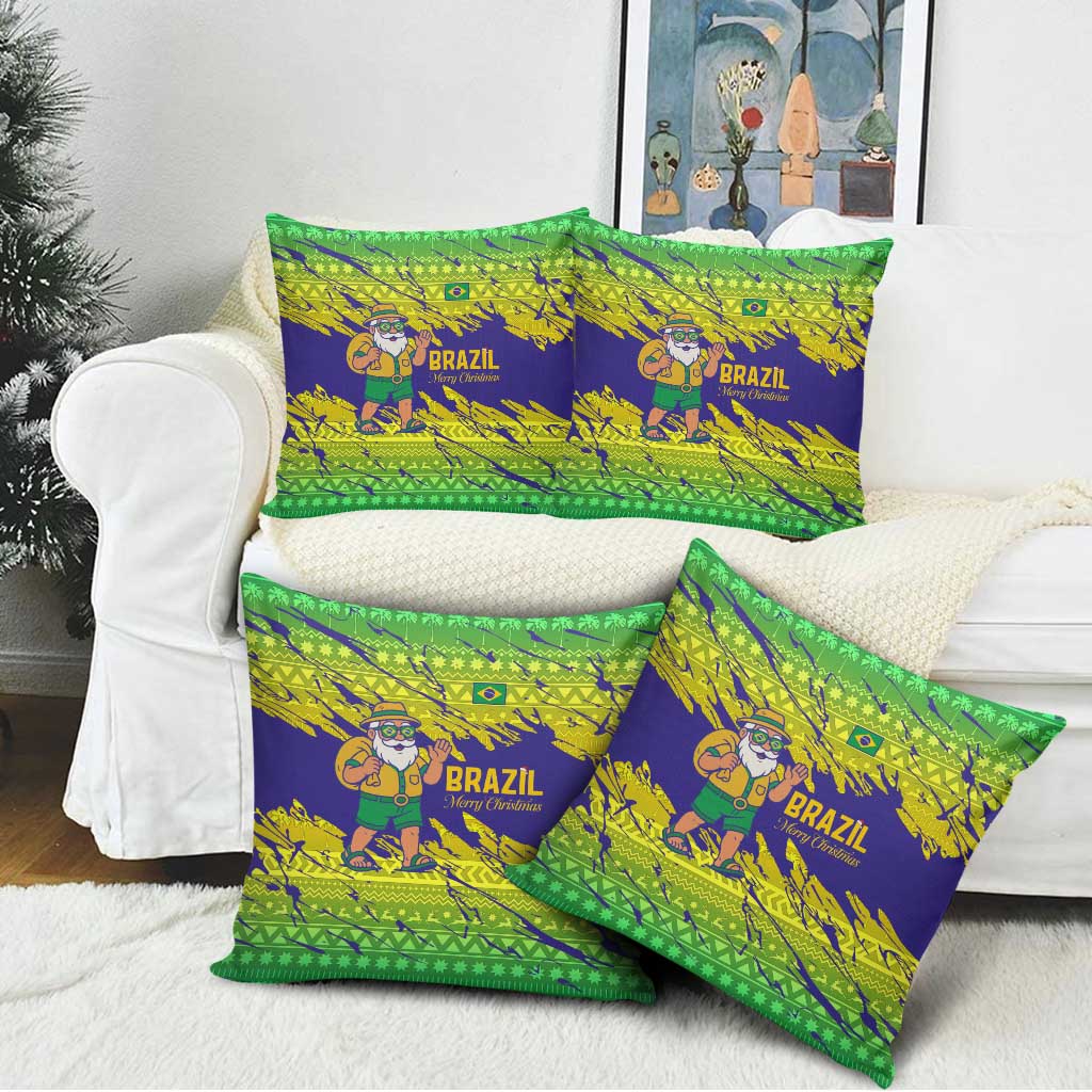 Brazil Christmas Pillow Cover with Tropical Santa Tribal Pattern National Colors and Merry Christmas Text Design - Wonder Print Shop