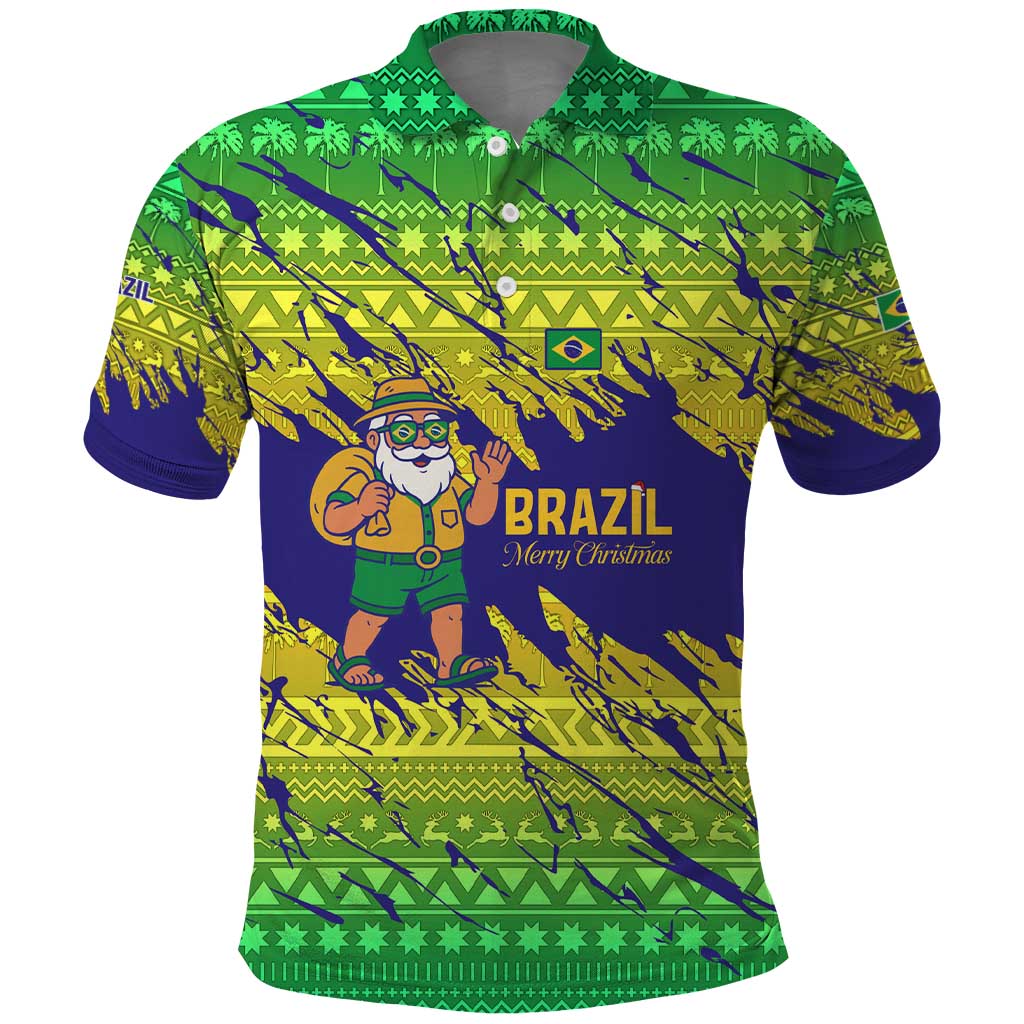Brazil Christmas Polo Shirt with Tropical Santa Tribal Pattern National Colors and Merry Christmas Text Design - Wonder Print Shop