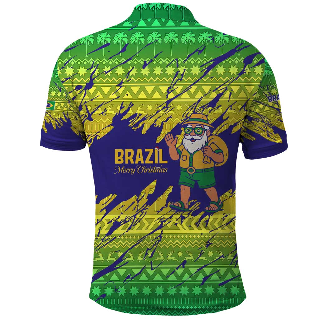 Brazil Christmas Polo Shirt with Tropical Santa Tribal Pattern National Colors and Merry Christmas Text Design - Wonder Print Shop