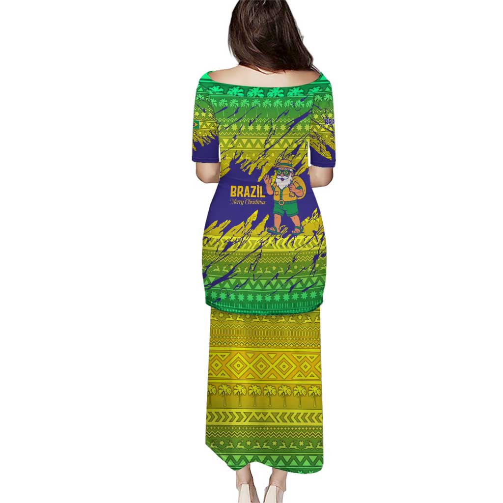 Brazil Christmas Puletasi with Tropical Santa Tribal Pattern National Colors and Merry Christmas Text Design - Wonder Print Shop