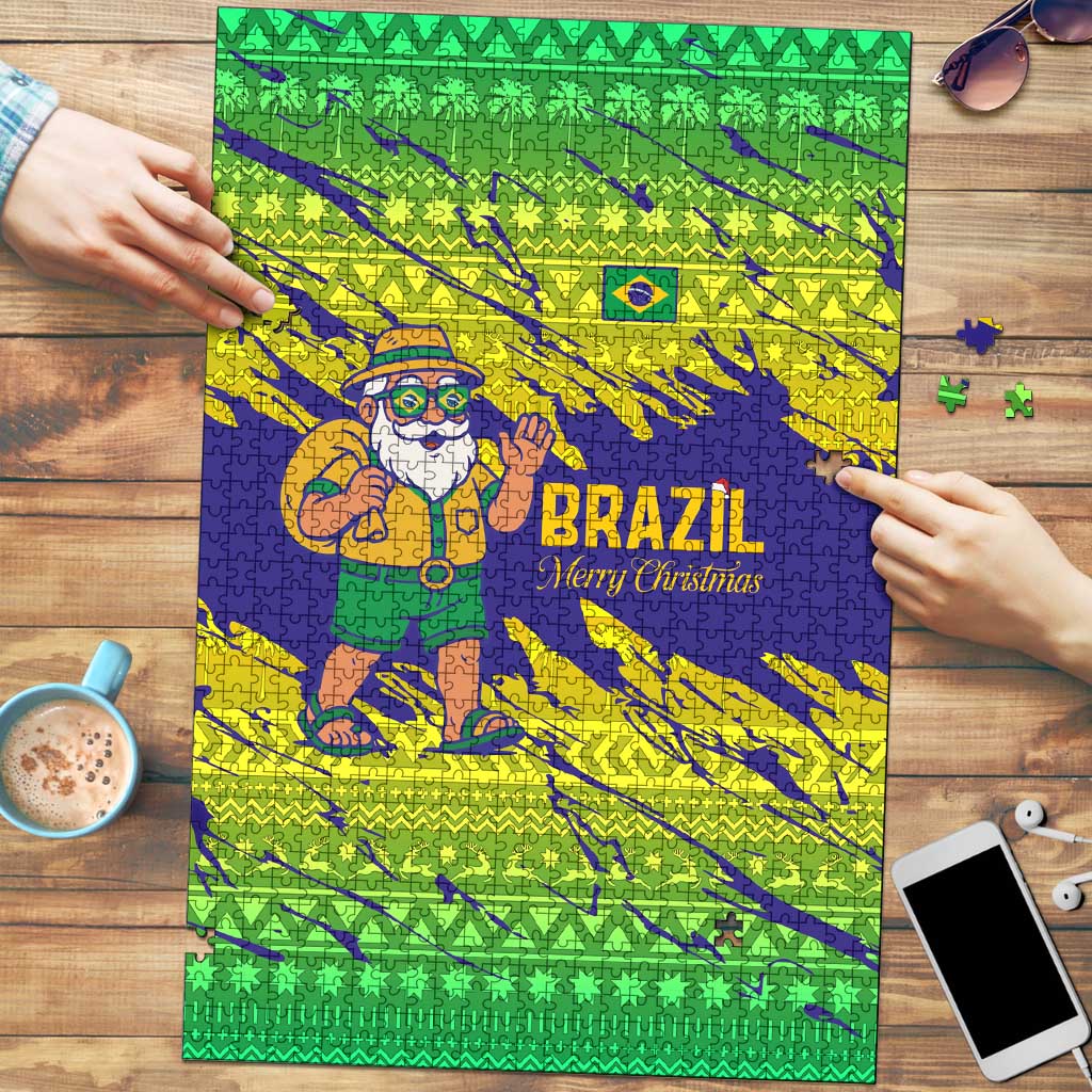 Brazil Christmas Puzzle with Tropical Santa Tribal Pattern National Colors and Merry Christmas Text Design - Wonder Print Shop
