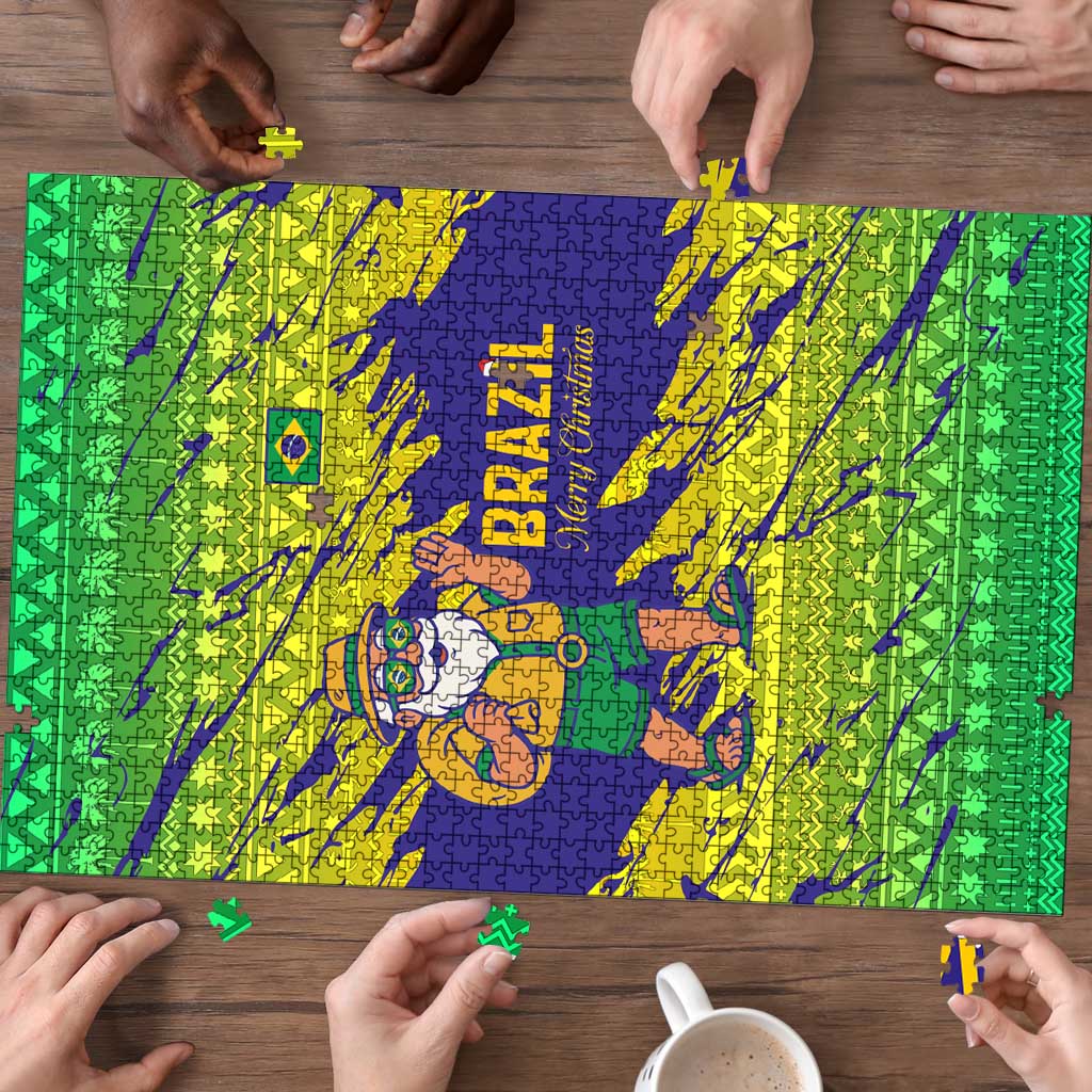Brazil Christmas Puzzle with Tropical Santa Tribal Pattern National Colors and Merry Christmas Text Design - Wonder Print Shop