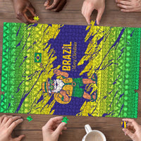 Brazil Christmas Puzzle with Tropical Santa Tribal Pattern National Colors and Merry Christmas Text Design - Wonder Print Shop
