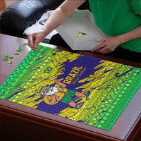 Brazil Christmas Puzzle with Tropical Santa Tribal Pattern National Colors and Merry Christmas Text Design - Wonder Print Shop