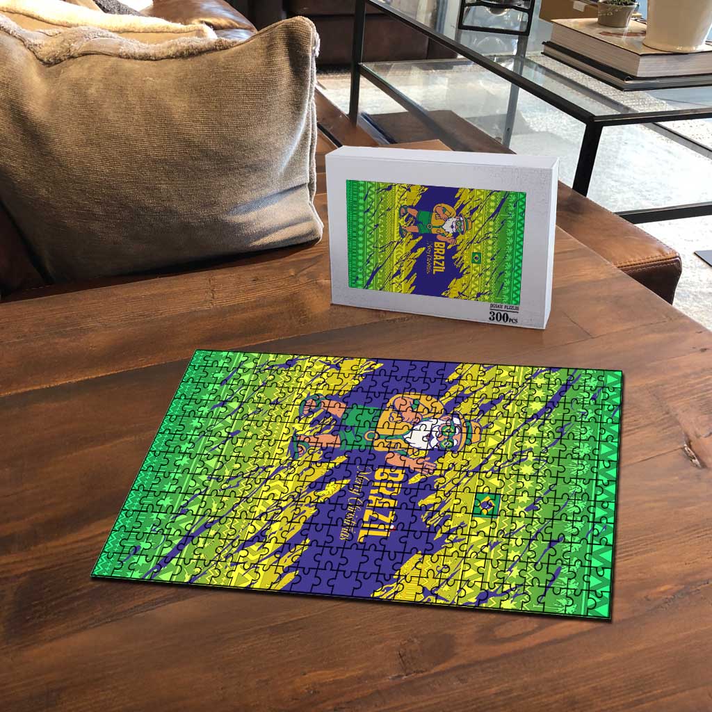 Brazil Christmas Puzzle with Tropical Santa Tribal Pattern National Colors and Merry Christmas Text Design - Wonder Print Shop