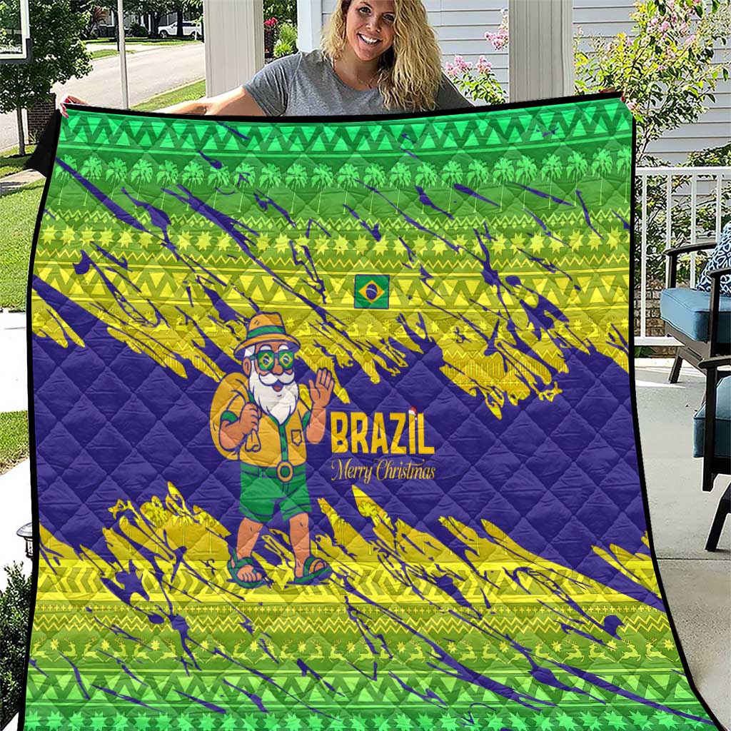 Brazil Christmas Quilt with Tropical Santa Tribal Pattern National Colors and Merry Christmas Text Design - Wonder Print Shop