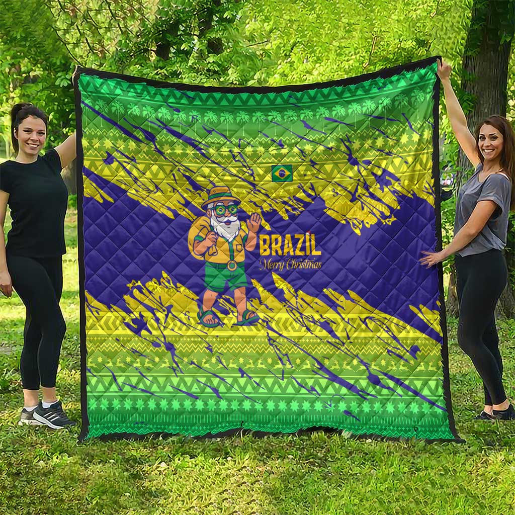 Brazil Christmas Quilt with Tropical Santa Tribal Pattern National Colors and Merry Christmas Text Design - Wonder Print Shop