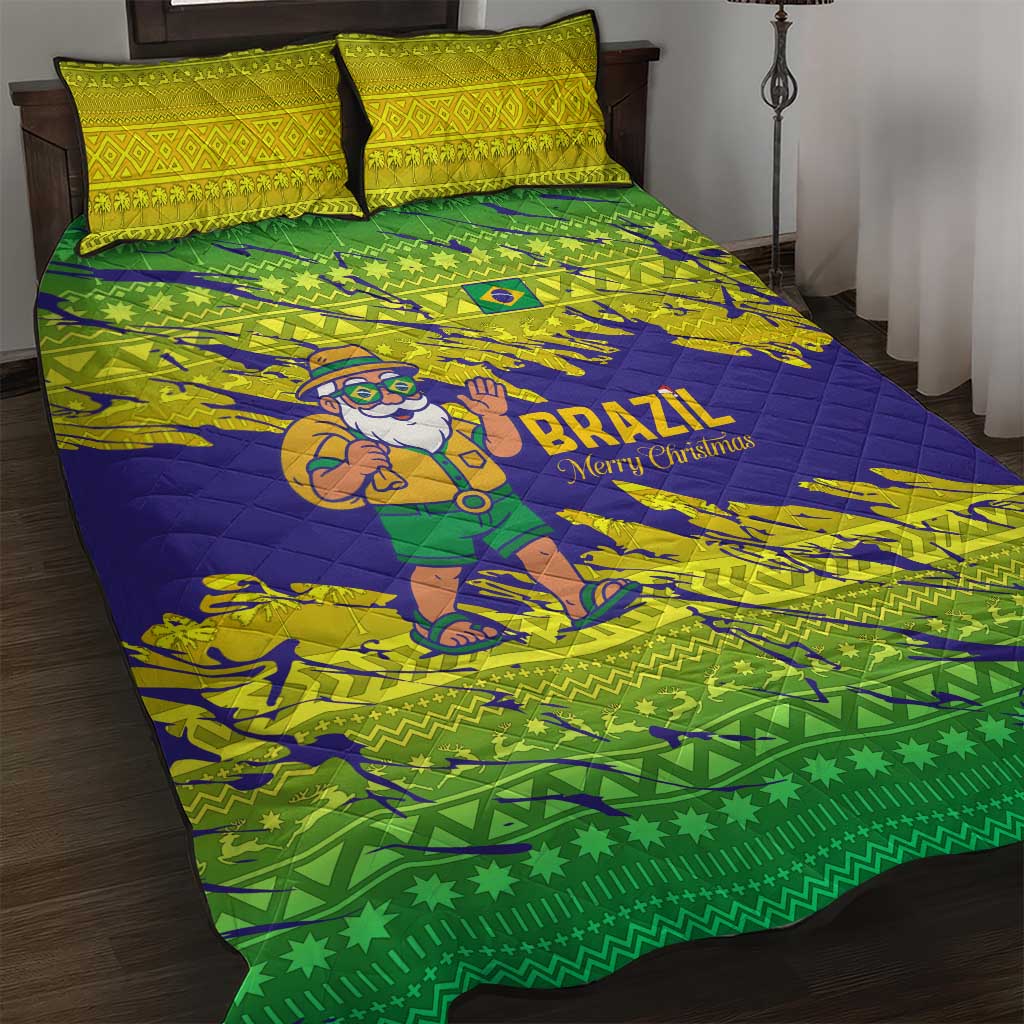 Brazil Christmas Quilt Bed Set with Tropical Santa Tribal Pattern National Colors and Merry Christmas Text Design - Wonder Print Shop