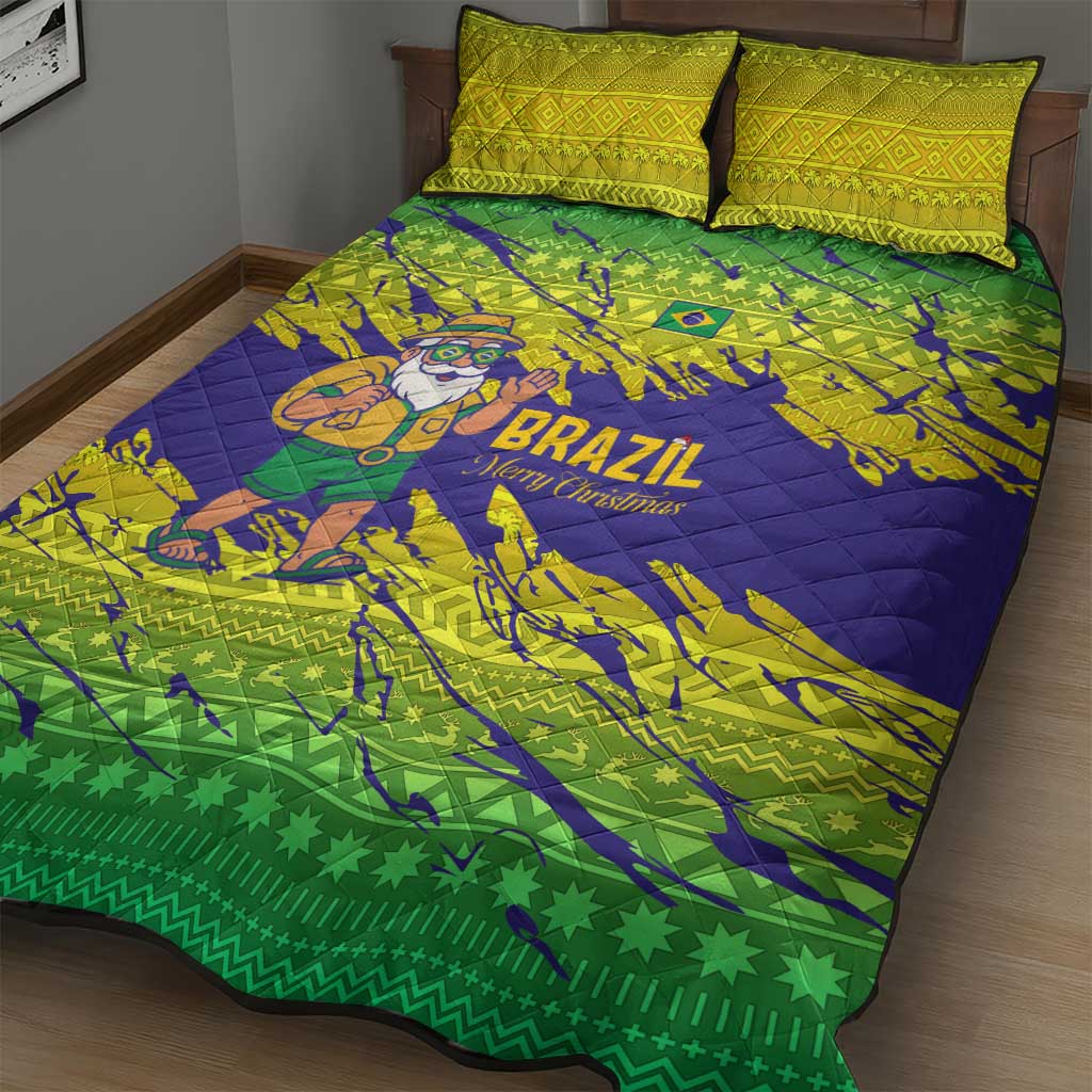 Brazil Christmas Quilt Bed Set with Tropical Santa Tribal Pattern National Colors and Merry Christmas Text Design - Wonder Print Shop