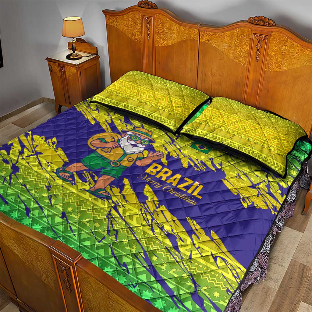 Brazil Christmas Quilt Bed Set with Tropical Santa Tribal Pattern National Colors and Merry Christmas Text Design - Wonder Print Shop