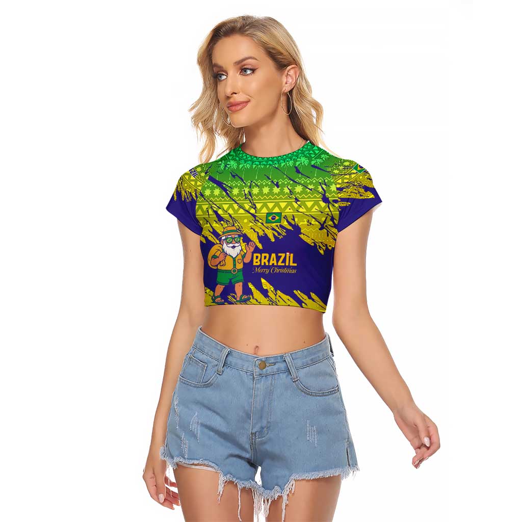 Brazil Christmas Raglan Cropped T Shirt with Tropical Santa Tribal Pattern National Colors and Merry Christmas Text Design - Wonder Print Shop