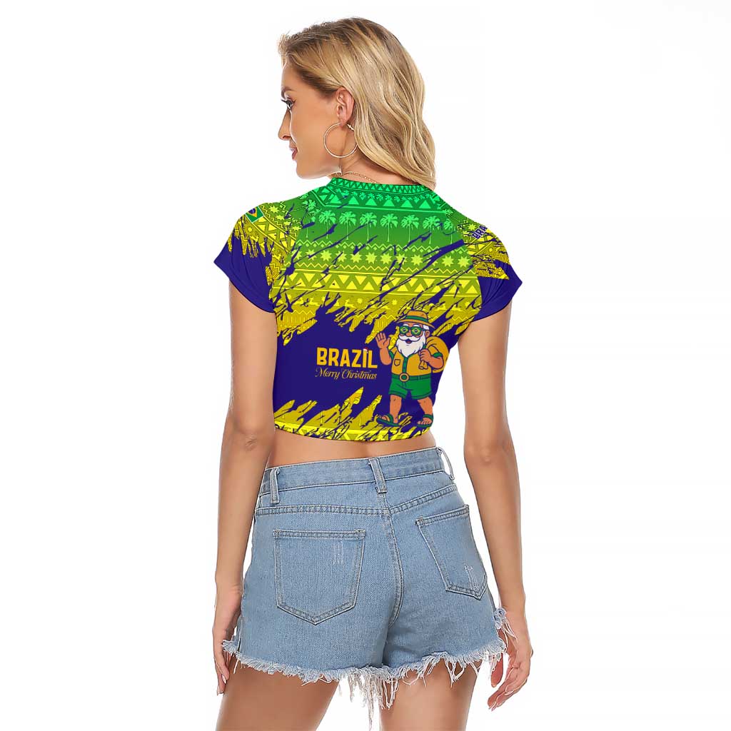 Brazil Christmas Raglan Cropped T Shirt with Tropical Santa Tribal Pattern National Colors and Merry Christmas Text Design - Wonder Print Shop