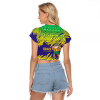 Brazil Christmas Raglan Cropped T Shirt with Tropical Santa Tribal Pattern National Colors and Merry Christmas Text Design - Wonder Print Shop