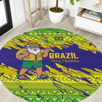 Brazil Christmas Round Carpet with Tropical Santa Tribal Pattern National Colors and Merry Christmas Text Design - Wonder Print Shop